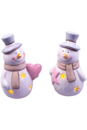 Netagon Festive Christmas Ceramic Light Up Snowmen Ornament - Pair in Cream - thumbnail 3