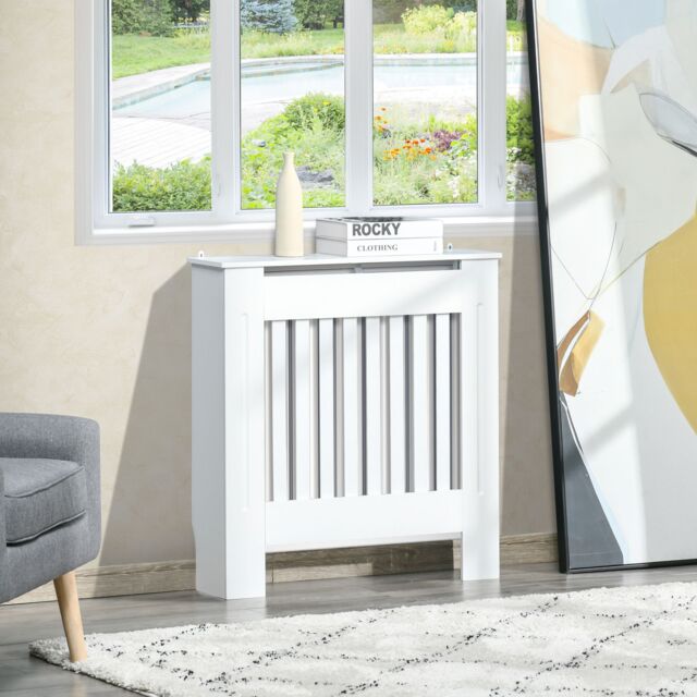 HOMCOM Radiator Cover Wooden Cabinet Vertical Slatted Vent MDF Home in White - image 1