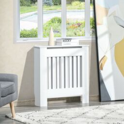 HOMCOM Radiator Cover Wooden Cabinet Vertical Slatted Vent MDF Home in White - thumbnail 1
