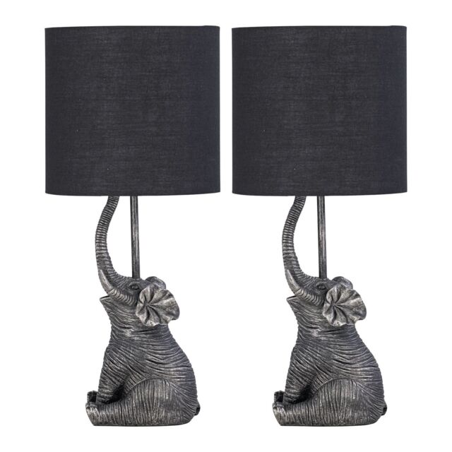 First Choice Lighting Set of 2 Elephant - Black Resin Table Lamps With Black Fabric Shades - image 1