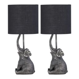 First Choice Lighting Set of 2 Elephant - Black Resin Table Lamps With Black Fabric Shades