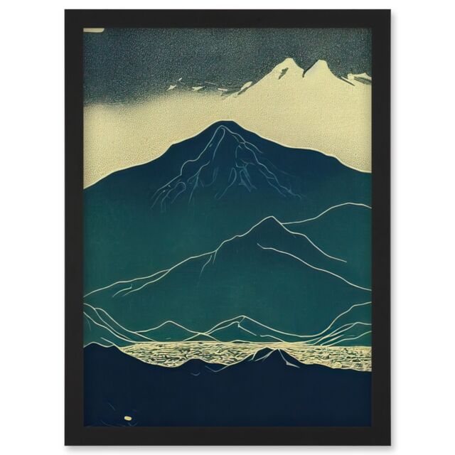 Artery8 Scottish Highlands Lake Mountains Blue Linocut Artwork Framed Wall Art Print A4 in Black - image 1