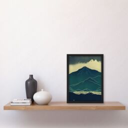 Artery8 Scottish Highlands Lake Mountains Blue Linocut Artwork Framed Wall Art Print A4 in Black - thumbnail 2