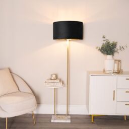 ValueLights Tavel Gold Floor Lamp with Table & Velvet Drum & Gold Inner Lamp Shade & Bulb in Black