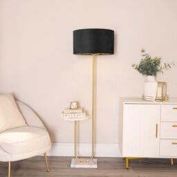 ValueLights Tavel Gold Floor Lamp with Table & Velvet Drum & Gold Inner Lamp Shade & Bulb in Black - thumbnail 3