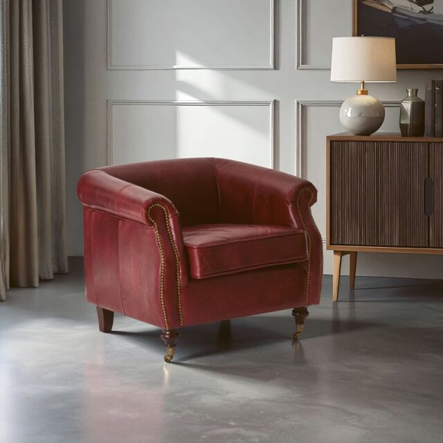 Orsina Red Leather Armchair, Heritage Design Chair With Carved Walnut Feet, Studded Lounge Chair, Upholstered Chair - image 1