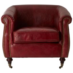 Orsina Red Leather Armchair, Heritage Design Chair With Carved Walnut Feet, Studded Lounge Chair, Upholstered Chair - thumbnail 2