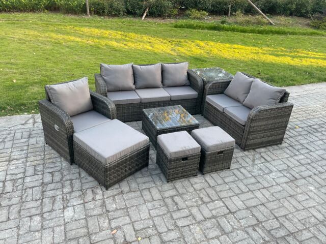 Fimous Rattan Garden Furniture Set With Table Sofa Square Coffee Table Reclining Chair Love seat sofa Side 3 Seater Sofa 3 Footstools in Dark Grey - image 1