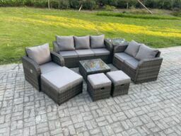 Fimous Rattan Garden Furniture Set With Table Sofa Square Coffee Table Reclining Chair Love seat sofa Side 3 Seater Sofa 3 Footstools in Dark Grey - thumbnail 1