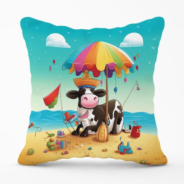 Warren Reed - Designer Cow On A Beach Holiday Outdoor Cushion in Yellow - Size: 60 cm x 60 cm - image 1