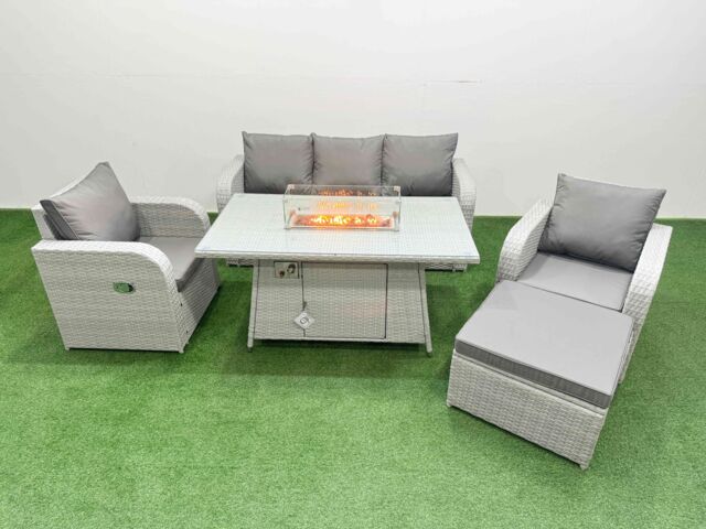 Fimous PE Rattan Garden Furniture Set Reclining Chair Sofa Lounge Sofa Set Firepit Dining Table Big Footstool Light Grey - image 1