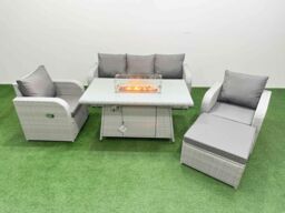 Fimous PE Rattan Garden Furniture Set Reclining Chair Sofa Lounge Sofa Set Firepit Dining Table Big Footstool Light Grey - thumbnail 2