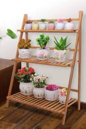 Living and Home 3-Tier Foldable Plant Stand Rack Wooden Ladder Shelf in Natural