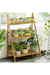 Living and Home 3-Tier Foldable Plant Stand Rack Wooden Ladder Shelf in Natural - thumbnail 6