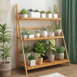 Living and Home 3-Tier Foldable Plant Stand Rack Wooden Ladder Shelf in Natural - thumbnail 7