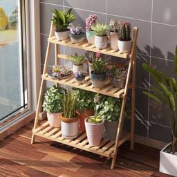 Living and Home 3-Tier Foldable Plant Stand Rack Wooden Ladder Shelf in Natural - thumbnail 9