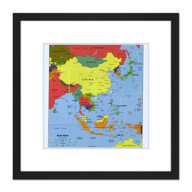 Artery8 Map Political Cia 2004 East Asia Historic Replica 8X8 Inch Square Wooden Framed Wall Art Print Picture with Mount in Black - image 1