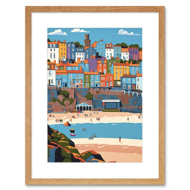 "Artery8 Wall Art Print Tenby Castle Beach in Wales Colourful Townscape Artwork Framed 9X7 Inch in Beige - Size: W7"" x H9""" - image 1