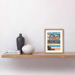 "Artery8 Wall Art Print Tenby Castle Beach in Wales Colourful Townscape Artwork Framed 9X7 Inch in Beige - Size: W7"" x H9""" - thumbnail 2