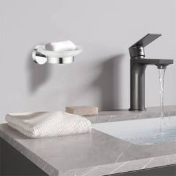 Havendro Soap Dish Holder Mounted Round Chrome White Glass - thumbnail 3