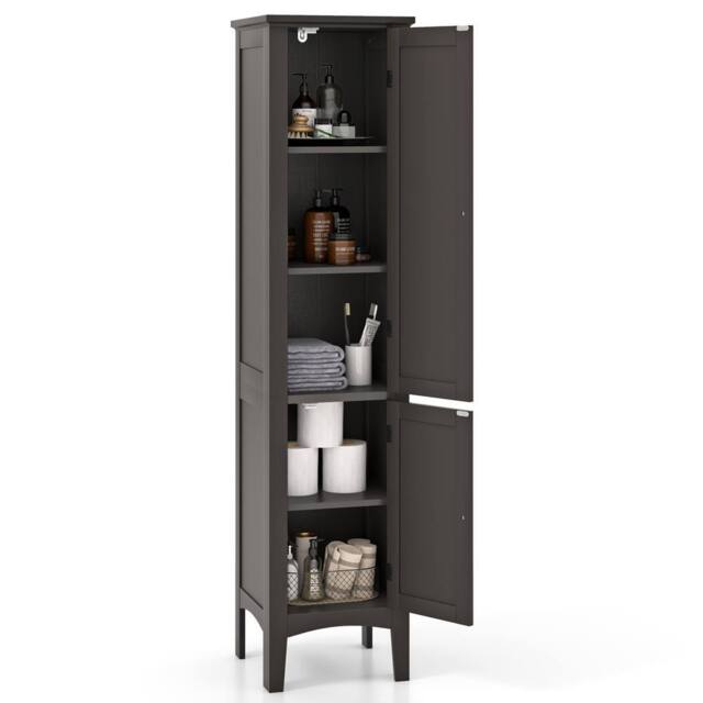 Costway 5-Tier Narrow Bathroom High Cabinet Wooden Storage Cabinet w/2 Shelves in Brown - image 1