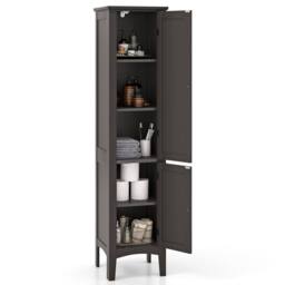 Costway 5-Tier Narrow Bathroom High Cabinet Wooden Storage Cabinet w/2 Shelves in Brown