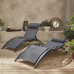 sweeek Set Of 2 Aluminium & Textilene Sun Loungers 4 Reclining Positions in Grey - thumbnail 6