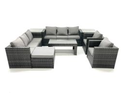 Fimous Rattan Garden Furniture Sofa Set with Coffee table Armchair 2 Side Tables Big Footstool Dark Grey Mixed - thumbnail 2