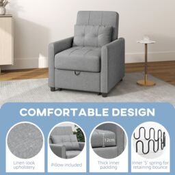 HOMCOM Folding Chair Bed, Fold Out Bed with Pillow & Side Pockets in Light Grey - thumbnail 4