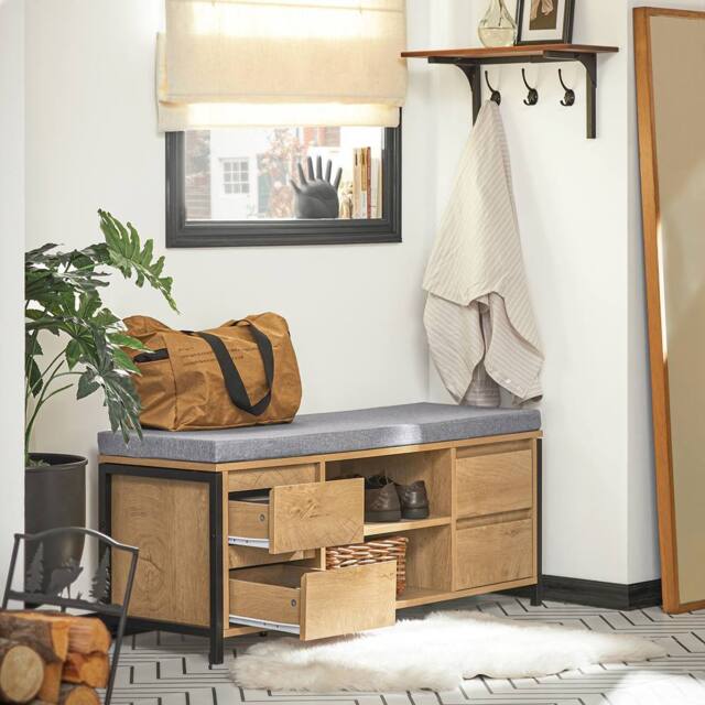 SoBuy Entrance Bench with 4 Drawers - Light Oak & Grey Cushion - Size: 110 cm x 35 cm - image 1