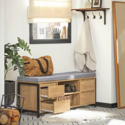 SoBuy Entrance Bench with 4 Drawers - Light Oak & Grey Cushion - Size: 110 cm x 35 cm