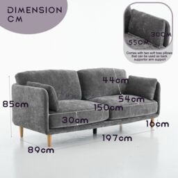 FURNITURE ONE Velvet Upholstered 3 Seater Sofa, Luxury Modern 3 Seater Couch in Grey - thumbnail 2