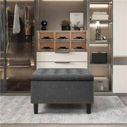 KORVIXA lassic Linen-like Entryway Bench in Dark Grey - Size: 100 cm x 100 cm - thumbnail 4