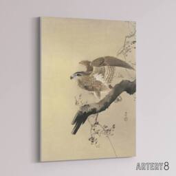 "Artery8 Hawk Bird of Prey on Tree Branch Canvas Wall Art Print Koson in Beige - Size: W18"" x H24""" - thumbnail 2