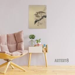 "Artery8 Hawk Bird of Prey on Tree Branch Canvas Wall Art Print Koson in Beige - Size: W18"" x H24""" - thumbnail 3