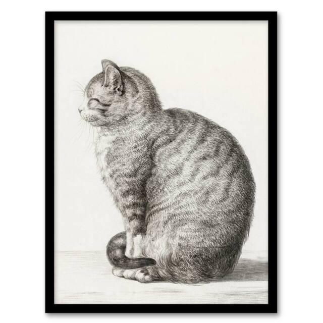Artery8 Jean Bernard Framed Wall Art Print Sitting Smiling Cat Pencil Drawing in White - Size: A4 - image 1