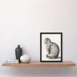 Artery8 Jean Bernard Framed Wall Art Print Sitting Smiling Cat Pencil Drawing in White - Size: A4 - thumbnail 2