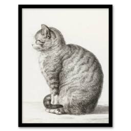 Artery8 Jean Bernard Framed Wall Art Print Sitting Smiling Cat Pencil Drawing in White - Size: A4 - thumbnail 1