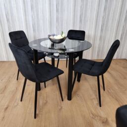 KOSY KOALA Round Black Glass Dining Table Set with 4 Black Velvet Chairs Modern Dining Room Furniture in Brown - thumbnail 4