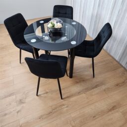 KOSY KOALA Round Black Glass Dining Table Set with 4 Black Velvet Chairs Modern Dining Room Furniture in Brown - thumbnail 8