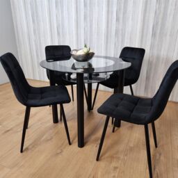 KOSY KOALA Round Black Glass Dining Table Set with 4 Black Velvet Chairs Modern Dining Room Furniture in Brown - thumbnail 9