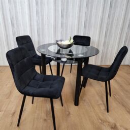 KOSY KOALA Round Black Glass Dining Table Set with 4 Black Velvet Chairs Modern Dining Room Furniture in Brown - thumbnail 3