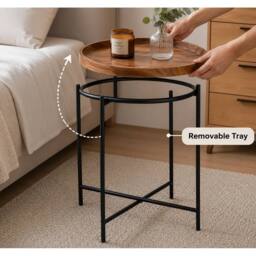 Havendro Walnut Finish Side Table With Tray Top Foldable Coffee Sofa End Table in Brown - thumbnail 5