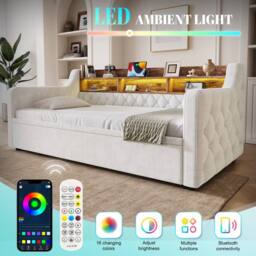 BTM Single Pull-Out Velvet Daybed LED USB Storage 90x190 Beige - thumbnail 4
