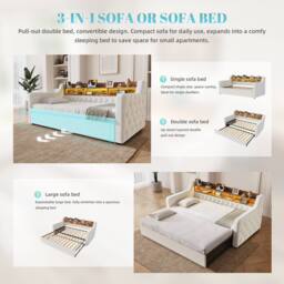 BTM Single Pull-Out Velvet Daybed LED USB Storage 90x190 Beige - thumbnail 3