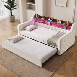 BTM Single Pull-Out Velvet Daybed LED USB Storage 90x190 Beige - thumbnail 5