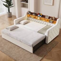 BTM Single Pull-Out Velvet Daybed LED USB Storage 90x190 Beige - thumbnail 1