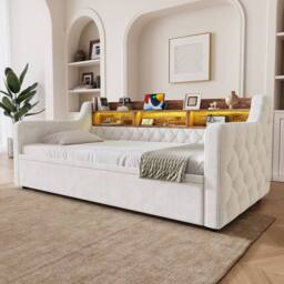 BTM Single Pull-Out Velvet Daybed LED USB Storage 90x190 Beige - thumbnail 9