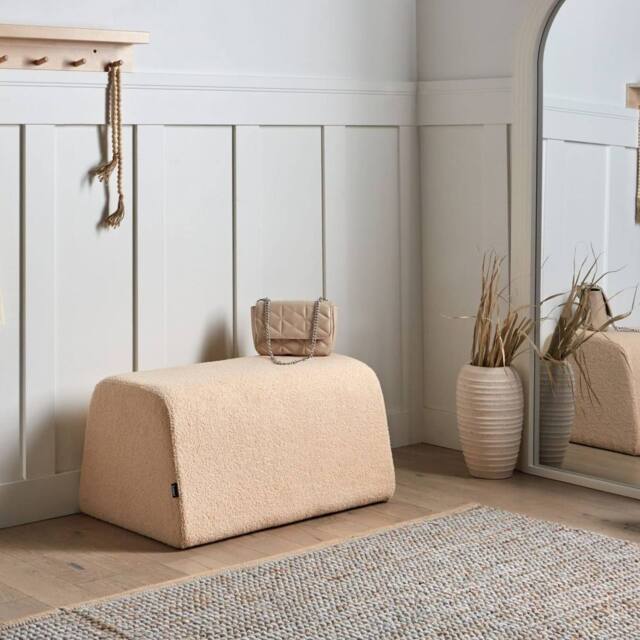 Wyld and Coco Beige Bouclé Rectangular Pouffe - Eucalyptus Wood Footstool - image 1