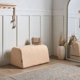 Wyld and Coco Beige Bouclé Rectangular Pouffe - Eucalyptus Wood Footstool